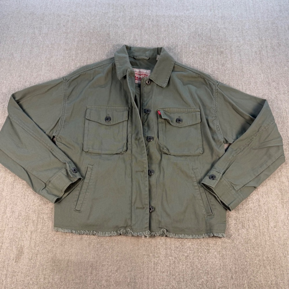Levi's Utility Jacket Womens Small Green Raw Hem Cropped Cotton Denim Military